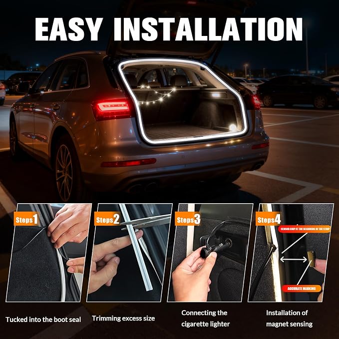 DIBMS 177" Car Trunk LED Light Interior Kit, Starting Streamer Scanning Magnetic Sensing White Ambient Lighting Strip Silicone Waterproof 12V Universal Auto Parts LED Lights for Cars