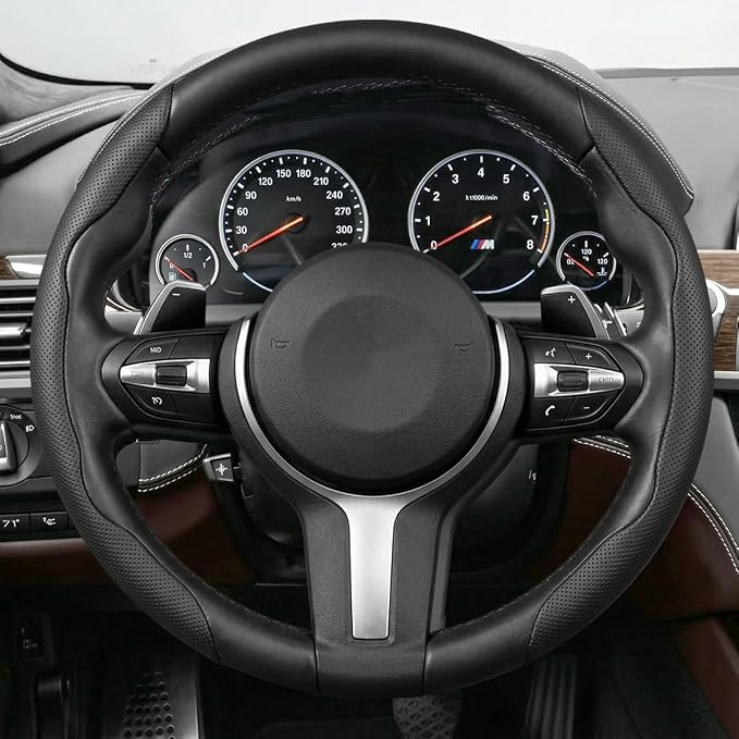 2PCS Car Steering Wheel Cover, 14.5-15" Breathable Nappa Leather Segmented Steering Wheel Protector with Non-Slip Grip, Stylish Auto Interior Decor Accessories, Universal for Vehicles (Black)