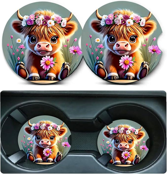 2 Pack Highland Cow Floral Car Cup Holder Coasters Universal Neoprene Mat | 2.75" Universal Size Anti Slip Rubber Mat, Auto Cup Holder Accessories for SUV Truck, Cow Lovers Gifts for Women Men Mom