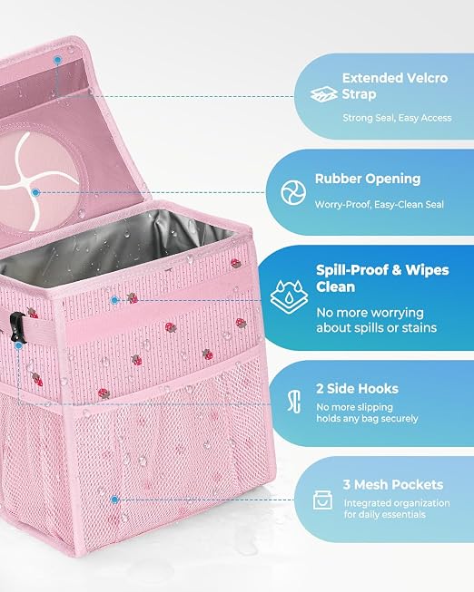 Corduroy Car Trash Can with Lid and Mesh Pockets - Leakproof Organizer,Multipurpose Waterproof Garbage Can/Trash Bin for Car(Pink/Red Strawberry Print-3 Gallons)