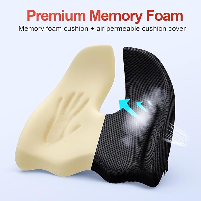 Benazcap XL Ergonomic Seat Cushion Relieves Sciatica & Tailbone Pain | Memory Foam cushion, washable cover & anti-slip base, long-sitting pad for office, gaming and car seats Black