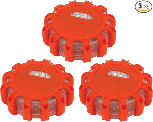 Performance Tool W2343 3 Piece LED Road Flare Flashing Warning Light (Roadside Flares Emergency Disc Beacon, Magnetic Base for Car or Marine Boat)