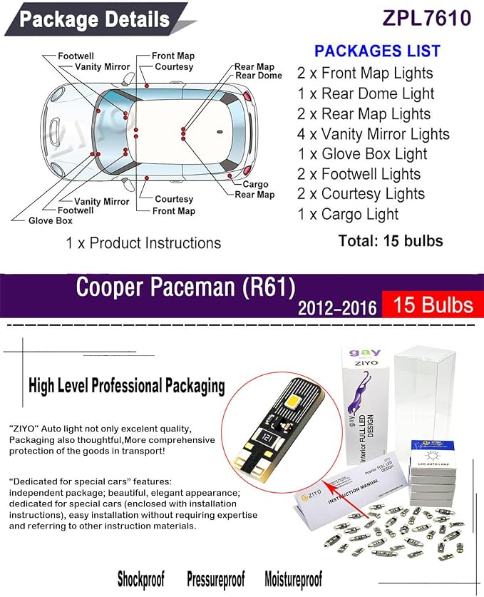 ZIYO LED Interior Light Kit for Mini Cooper Paceman R61 2012-2016 Dome Light Bulbs Replacement Package, 6000K Xenon White LED Lights Accessories Upgrade Error Free (15 Bulbs)