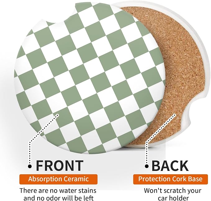 Sage Green Checkerd Car Coasters for Cup Holder Absorbent Ceramic Cup Coaster 2 Pack Anti Slip Car Interior Accessories with Finger Notch Cork Base for Women Men 2.56"