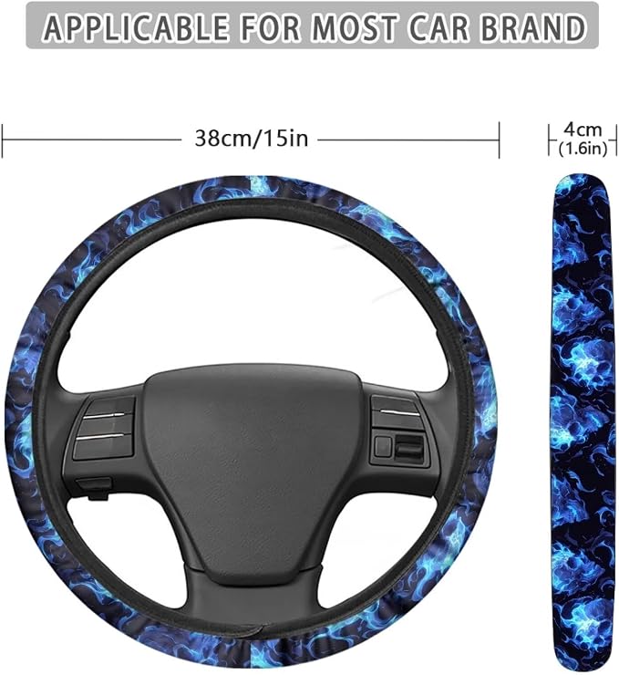 AFPANQZ Skull Blue Flame Automotive Steering Wheel Covers Universal Fit 14 to 15 inch Steering Wheel Covers with Cloth for Women Keep Warm Comfort Grip Sweat Absorption Neoprene