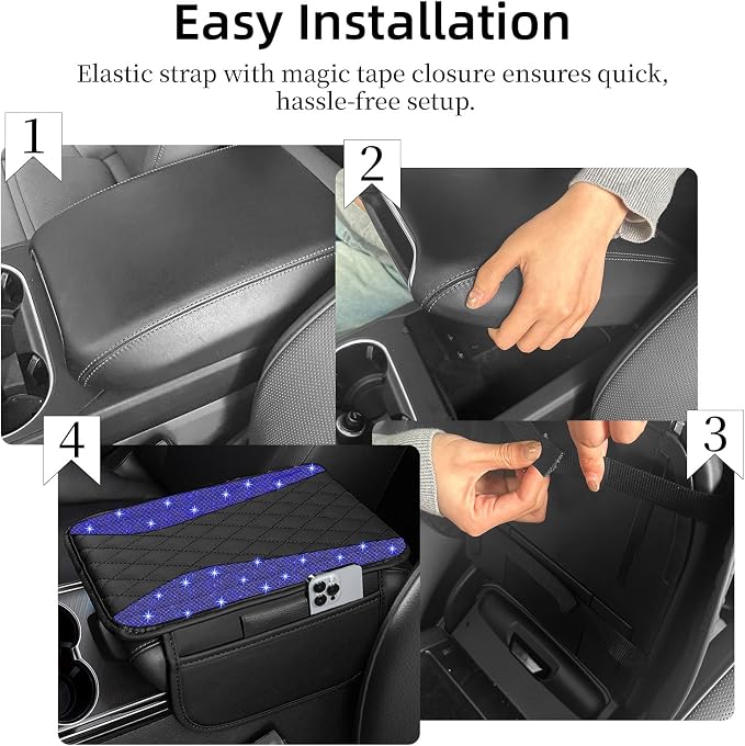 NBTEPEM Bling Car Center Console Cover, Leather Arm Rest Cover for Car with 2 Storage Bags, Universal Car Middle Console Cover Diamond Car Accessories Interior Fit for Most Vehicles, Blue Diamond