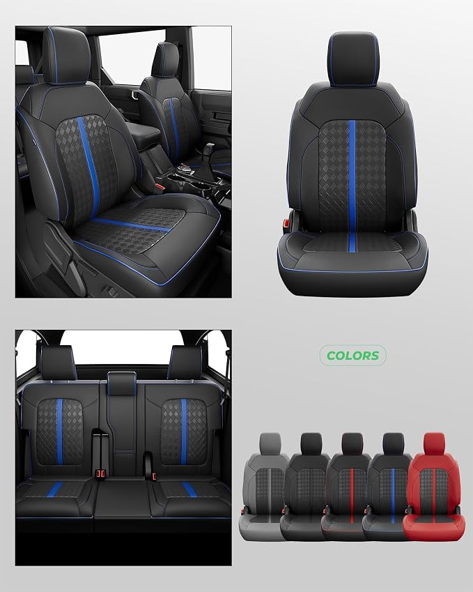 Custom Fit Leather Seat Covers for 2021-2026 Ford Bronco 4 Door | OEM fit, premium waterproof leather, full coverage, anti-slip, storage pockets, long-term durability, airbag compatible