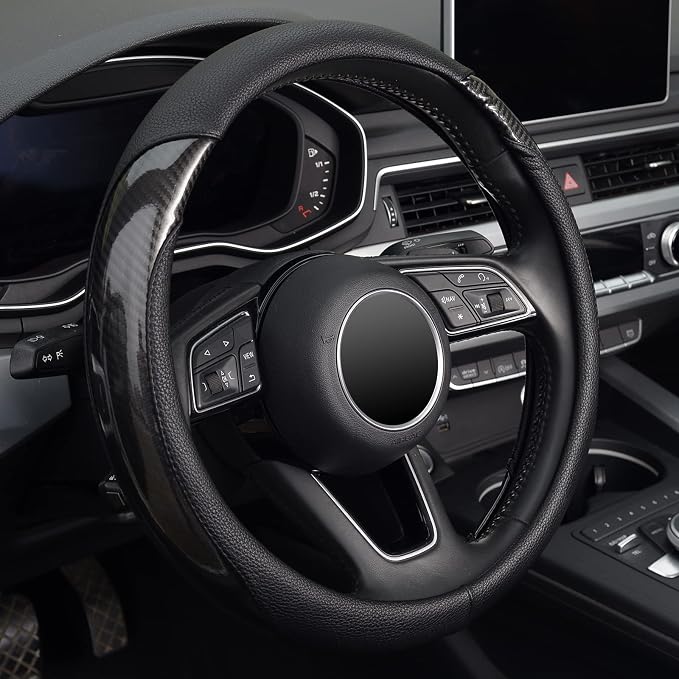 KAFEEK Carbon Fiber Steering Wheel Cover for Men, Car Accessories, Black | Universal 15 Inch Sporty & Thin Cover, Lychee Textured Leather, Side Carbon Fiber Accent