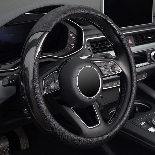 KAFEEK Carbon Fiber Steering Wheel Cover for Men, Car Accessories, Black | Universal 15 Inch Sporty & Thin Cover, Lychee Textured Leather, Side Carbon Fiber Accent