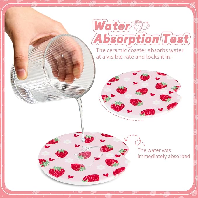 2 Pack Strawberry Car Coasters for Women Car Cup Holder Coasters, 2.63 Inch Anti Slip Ceramic Absorbent Coaster with Cork Base and Finger Notch, Cute Car Accessories Interior