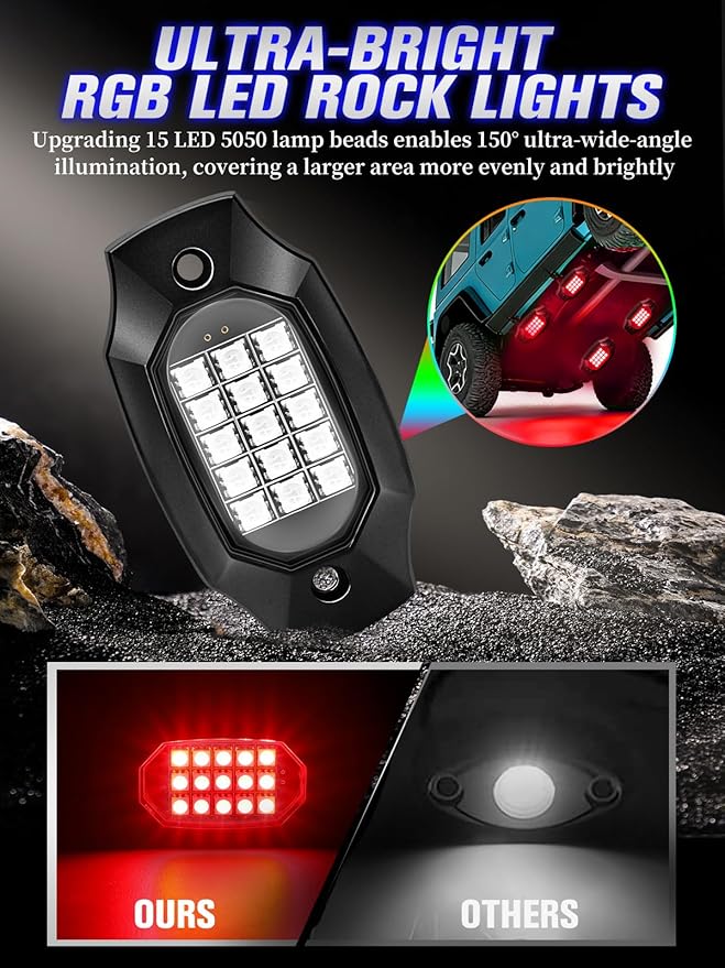 4 Pods RGB LED Rock Lights with APP/RF Remote Control High Brights Waterproof Underglow Multicolor Zone Neon Exterior Rock Lights for 12V Trucks Jeep UTV ATV RZR Offroad Pickup SUV Accessory