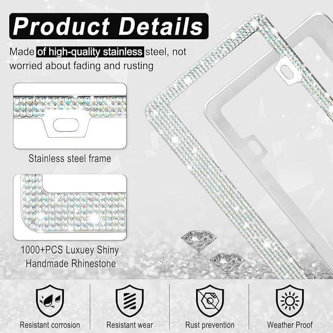 Amiss Bling License Plate Frame for Women, 2Pack Rhinestone Handcrafted Crystal Premium Stainless Steel, Stainless Steel Car Decorative Accessories with Diamond Sparkle Glitter Caps (Colorful)