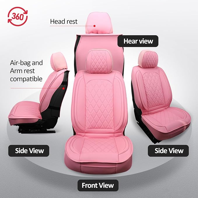 MIROZO Seat Covers Full Set Pink, Leather Car Seat Covers Waterproof Automotive Seat Covers Universal Car Seat Protector Seat Cover Set Vehicle Cushion Cover for Sedan, Truck and SUV (Full Set, Pink)