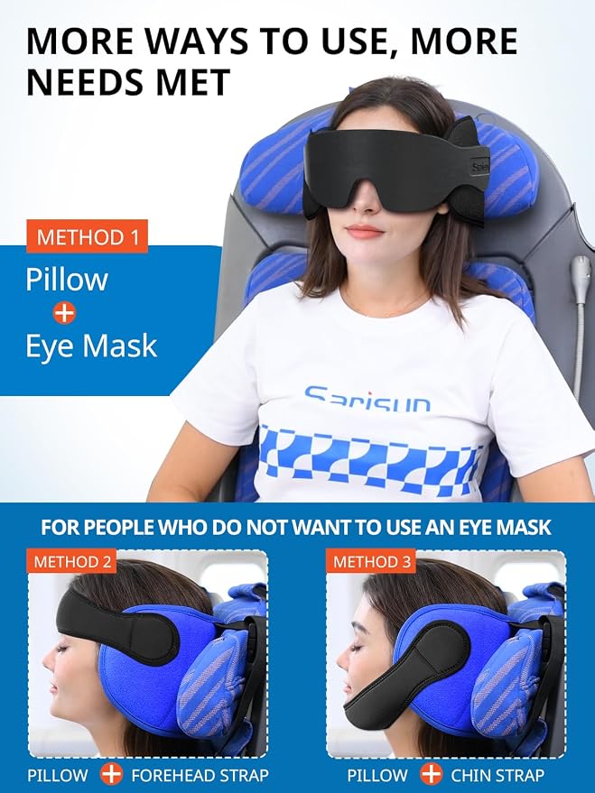 SARISUN Airplane Pillow Combo with Chin Strap, Travel Pillows for Airplanes with Sleep Eye Mask, Plane Head Strap for Long Flights, Car Road Trip, 360° Headrest, Stop Bobblehead Travel Essential, Red