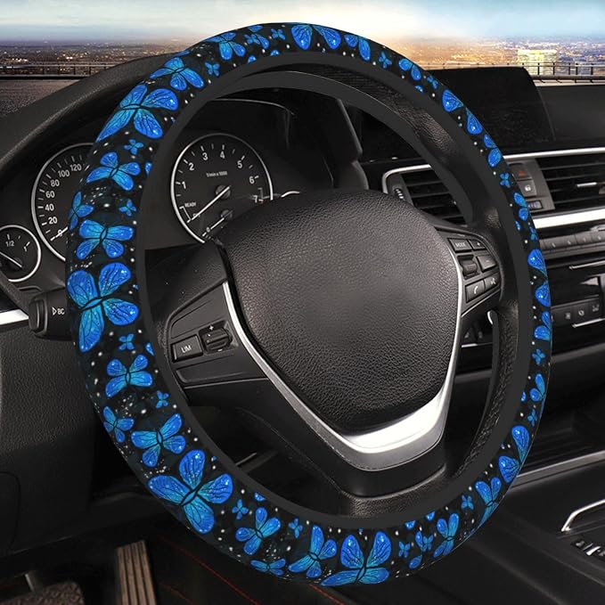 Blue Butterfly Black Steering Wheel Cover for Women Men Girls Car Accessories Decor Anti-Slip Neoprene Auto Steering Wheel Covers Protector Universal 15 Inch