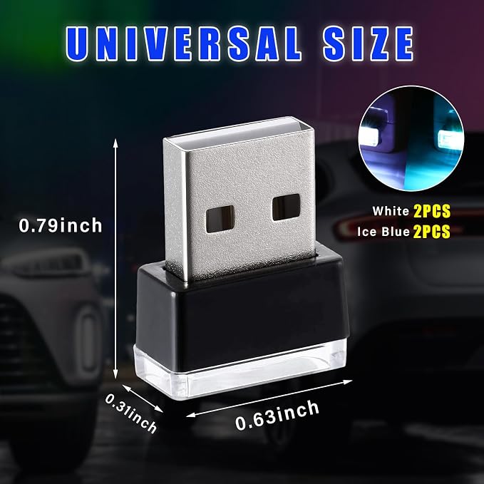 Augeny 4 PCS USB LED Car Interior Atmosphere Lamp, Plug-in USB Decor Night Light, Portable Auto Ambient Lighting Kit, Universal Vehicle Interior Accessories for Most Cars (White & Ice Blue)