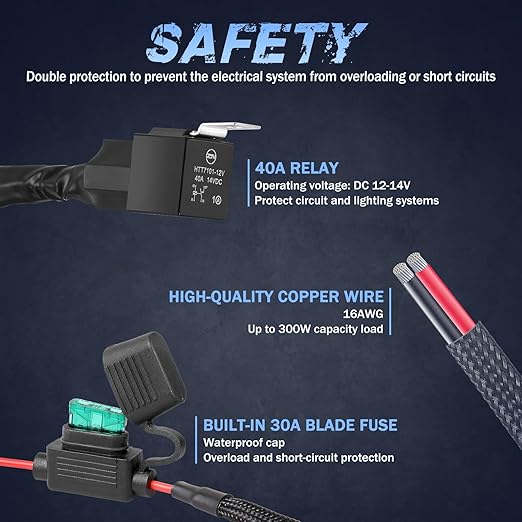 Wiring Harness 1 Lead, Fastchoy Auto 12v Nylon Led Light Bar Wiring Harness Kit with 40A Relay Fuse Rocker Switch for Light Bar Fog Lights Off Road Lights Wire Harness Kit for Truck UTV Boat