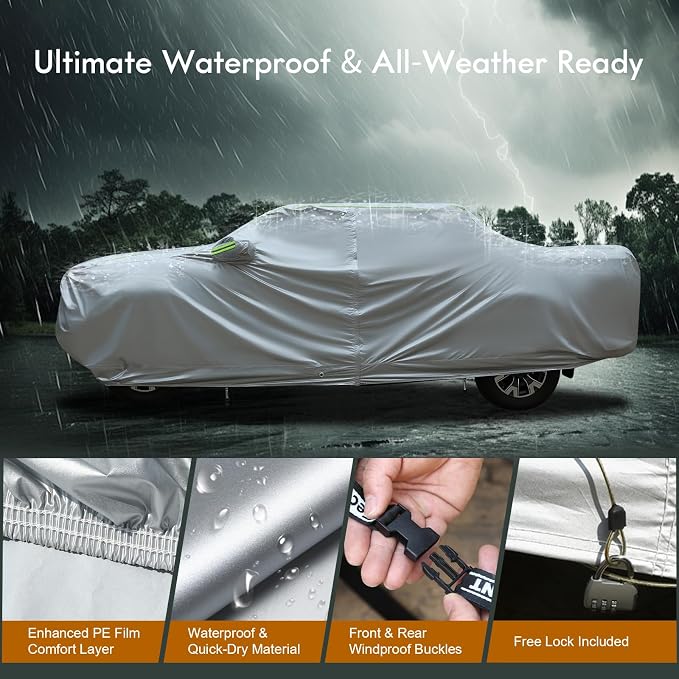 Tecoom Hard Shell Truck Car Cover Waterproof UV-Proof Windproof Zipper Design with Straps Buckle Fit for Ford F150 Ram 1500 Chevy Silverado Toyota Tundra GMC Sierra Full Size Truck Length Up to 245"