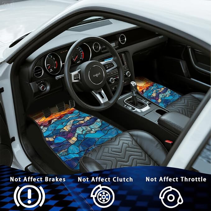 Stained Glass Car Floor Mats Set of 4 Abstract Sunset Ocean Mosaic Art Automotive Car Floor Carpets Non-Slip Auto Car Accessories Universal Fit for Car SUV Truck Van