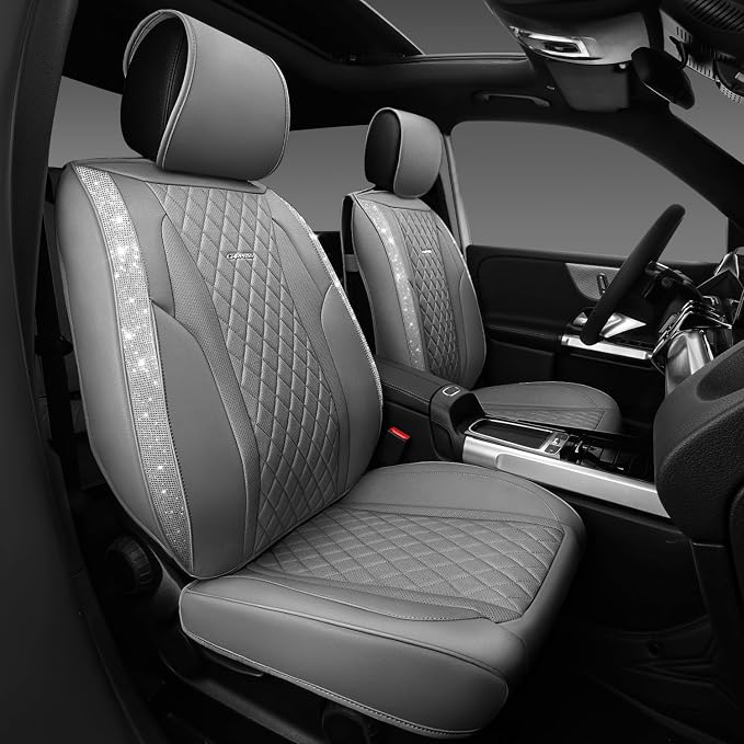 CAR PASS Gray Leather Bling Car Seat Covers Full Set, Luxury Microfiber Nappa PU Cushioned, Waterproof Anti-Slip Universal Fit for Auto SUV Sedan Sparkly Glitter Shining Rhinestone, Gray Diamond