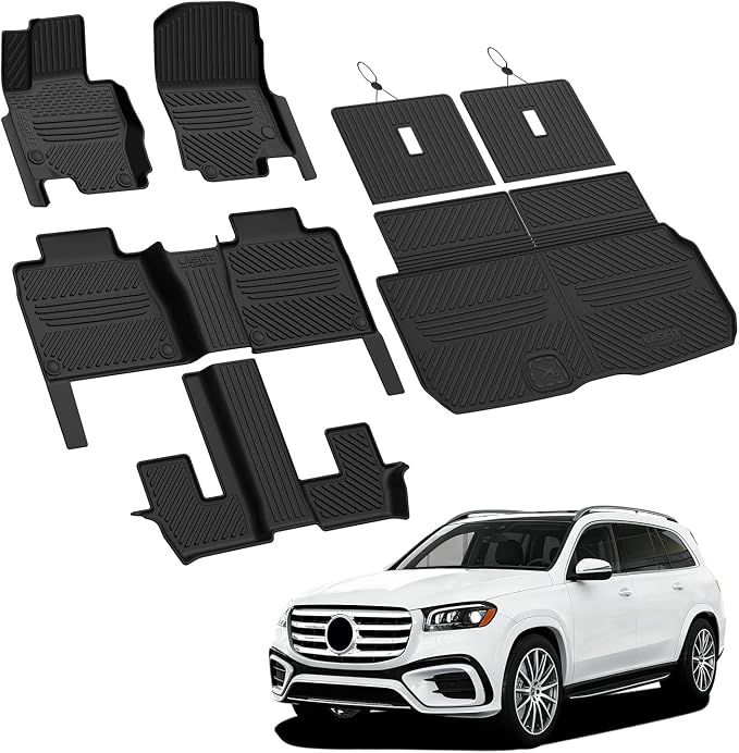 LASFIT Floor Mats & Cargo Mat with Seatback for Mercedes Benz GLS 2020-2026 450/580/ 63 AMG (Fit 7 Seats Without Rear Seat Package), All Weather TPE Custom Fit GLS, 3 Rows & Trunk Mat with Backrest