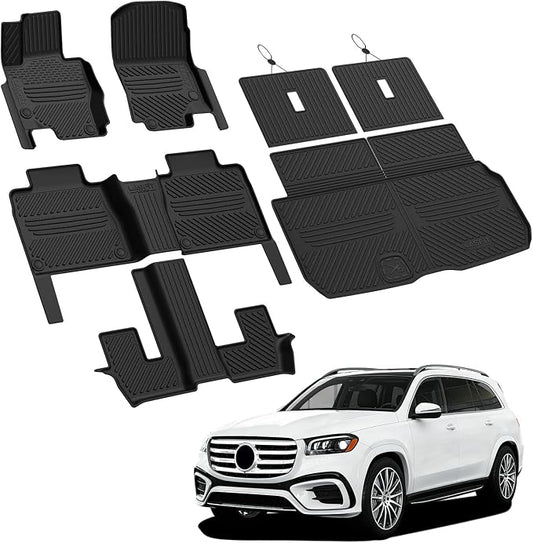 LASFIT Floor Mats & Cargo Mat with Seatback for Mercedes Benz GLS 2020-2026 450/580/ 63 AMG (Fit 7 Seats Without Rear Seat Package), All Weather TPE Custom Fit GLS, 3 Rows & Trunk Mat with Backrest