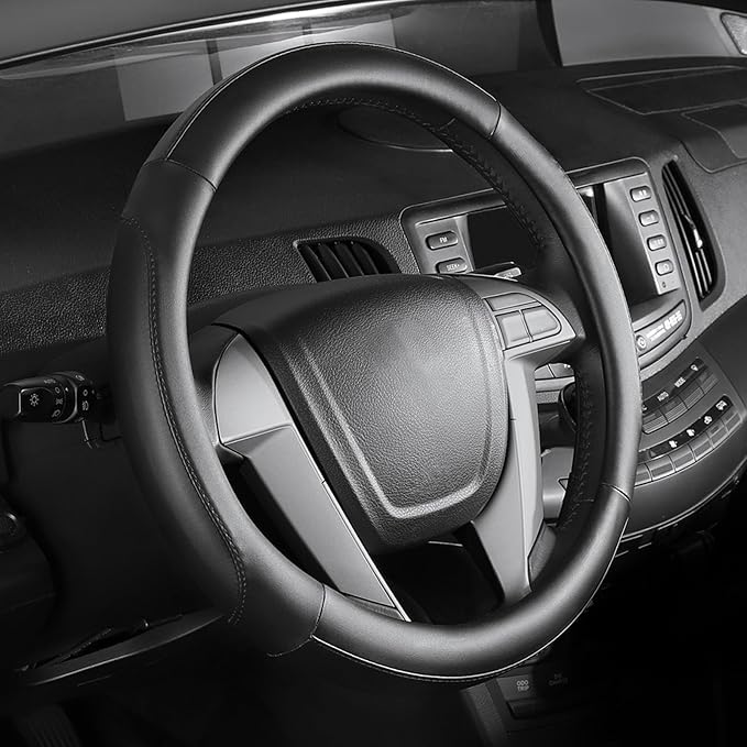 SEG Direct Car Steering Wheel Cover Small Size for Prius Civic Model 3 Model Y Camaro Rogue with 14-14 1/4 inches Outer Diameter, Black Microfiber Leather