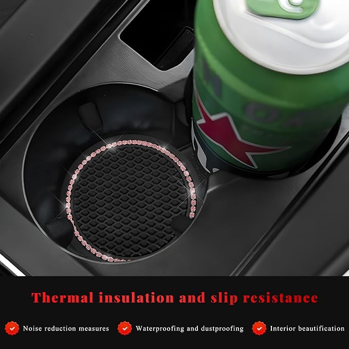 2PCS Bling Car Cup Coaster, 2.69 Inch Anti-Slip Auto Cup Holder Drink Mat w/Crystal Rhinestones, Universal Shiny Diamond Vehicle Insert Coasters Cups Mats for Women (Black & Pink)
