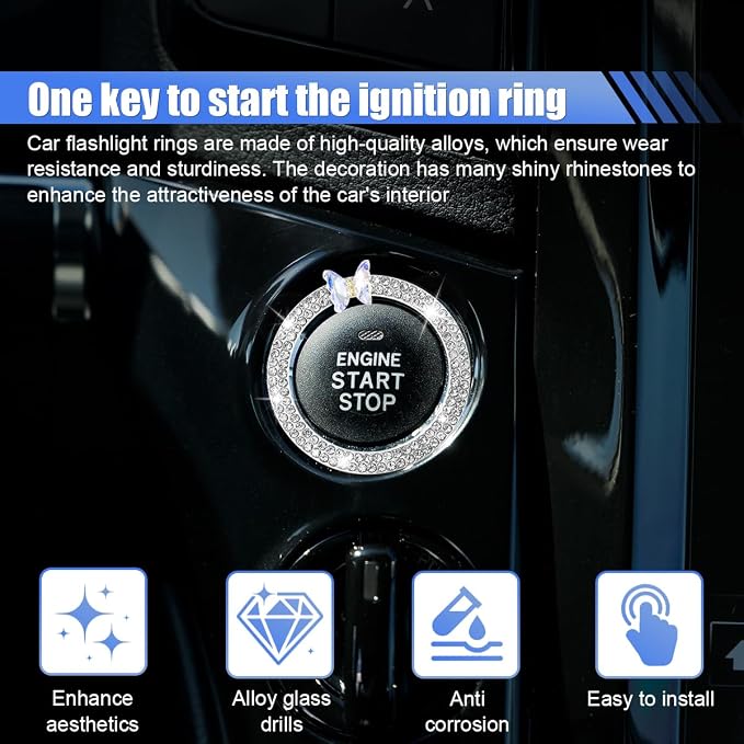 Bling Butterfly Car Engine Push Start Button Ring Sticker (White) | Crystal Rhinestone Auto Key Ignition Knob Ring Emblem, Sparkling Auto Interior Decoration Accessories for Women