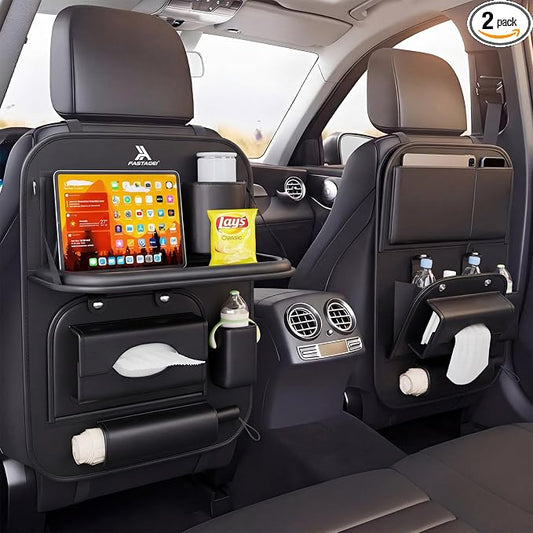 2 Pack Universal Premium Leather Foldable Car Backseat Organizer with Table Tray, Car Seat Back Protector with Garbage Bag Touch Screen Pad Holder, Car Kick Mats with Tissue Box (Black)