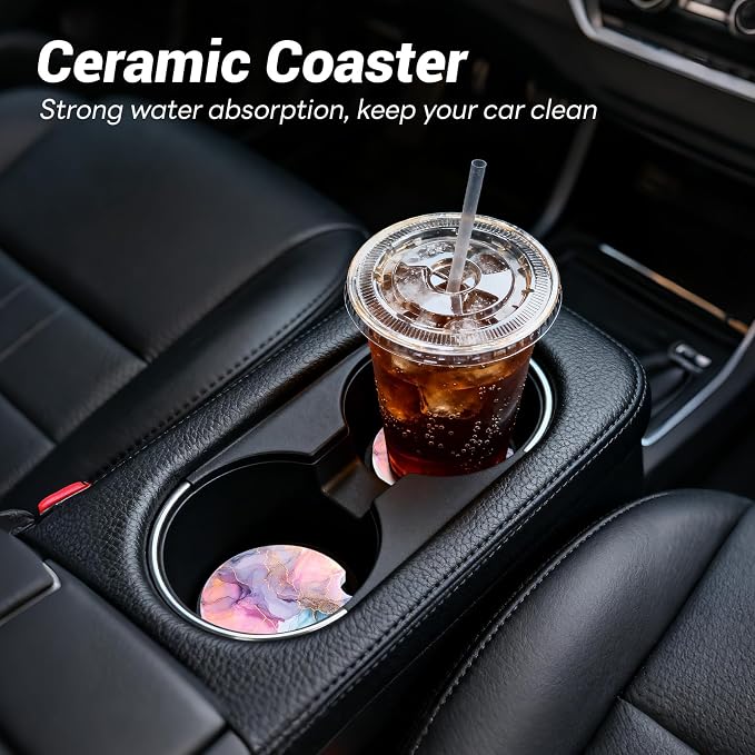 Car Cup Holder Ceramic Coasters 2 Pack, 2.56 in Anti Slip Absorbent Coaster with Cork Base and Finger Notch, Funny Cute Car Accessories Interior for Women, Fantasy Stone