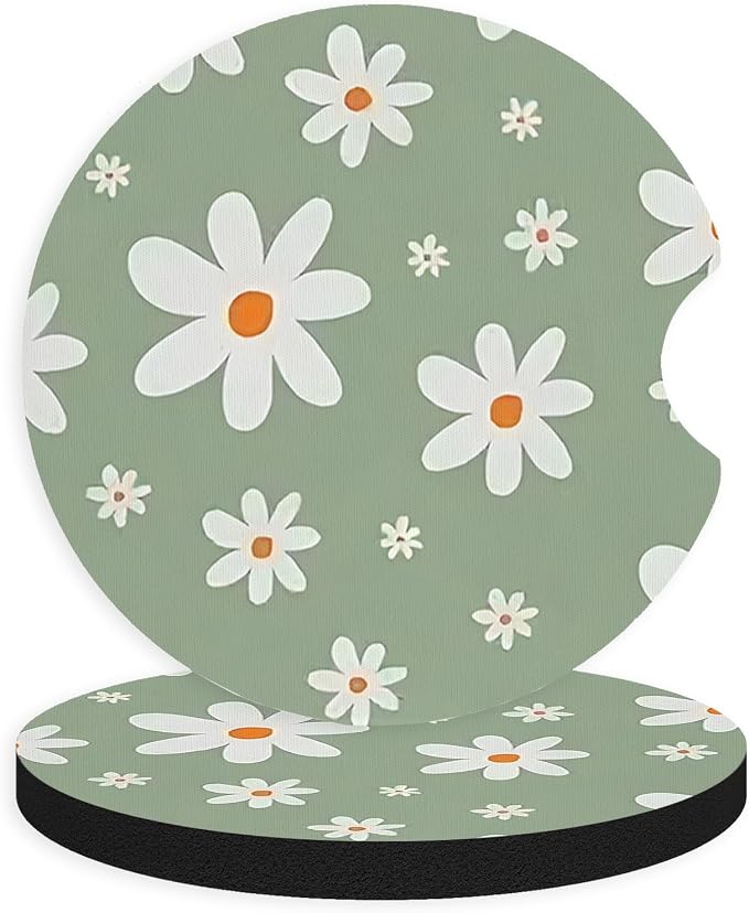 2pcs Cute White Flowers Car Coasters,Absorbent Universal neoprener Cup Holder Coasters with a Finger Notch,Car Accessories for Women&Man Interior，2.75" 8