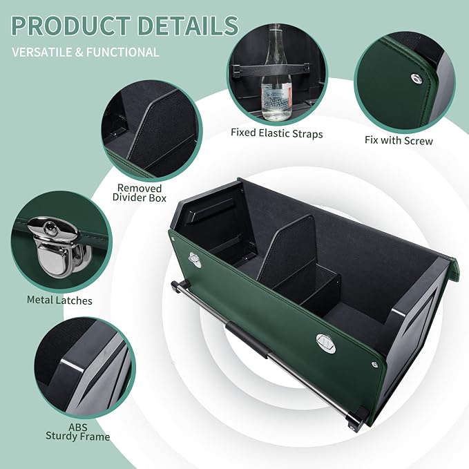 Trunk Organizer for Car with Lid Leather Trunk Organizer Car Organizer | SUV Trunk Organizer with Push-pull Handle Car Trunk Storage Organizer for Minivan, Truck, Sedan (Green, 27.1 x 11.4 x 12.2in)