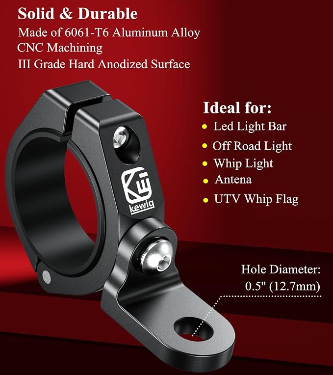 BRCOVAN 2PCS UTV Whip Light Mounts, Off-Road LED Light Bar Mounting Bracket | Solid Aluminum Alloy Materials, 360° Adjustable Whip Flag Mount Fit 1.5''/1.65'' /1.75''/1.85''/2'' Roll Cage Bars