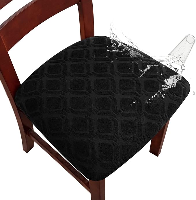 Genina Waterproof Seat Covers for Dining Room Chairs, Stretch Chair Covers Removable Washable Dinning Room Kitchen Chair Seat Cushion Slipcovers (Jacquard-Black, 2 PCS)