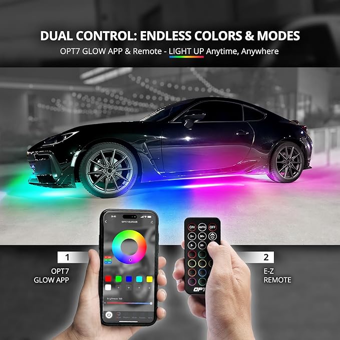 OPT7 Aura DreamColor Underglow Chasing Light Kit with APP & Remote Control | Rainbow Light Effects, RGB-IC LED Strips, 12V Neon Accent Lighting, Waterproof Exterior Underbody Accessories, Universal Fit
