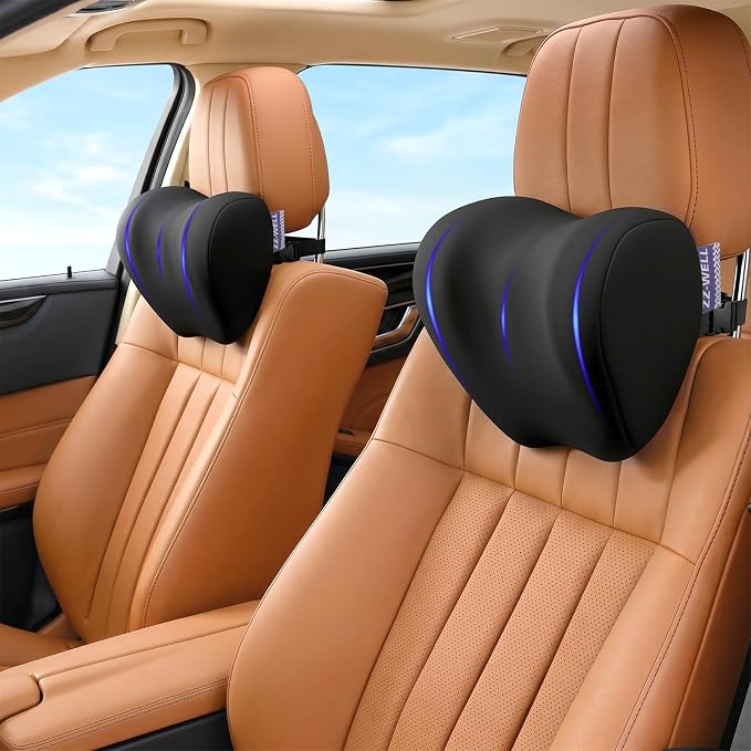 ZZ-WELL Car Headrest Pillow, Car Neck Pillow for Neck Pain Relief with Adjustable Strap, Memory Foam & Breathable Removable Cover, Travel Car Neck Pillow for Pain Relief While Driving (Black, 2Pack)