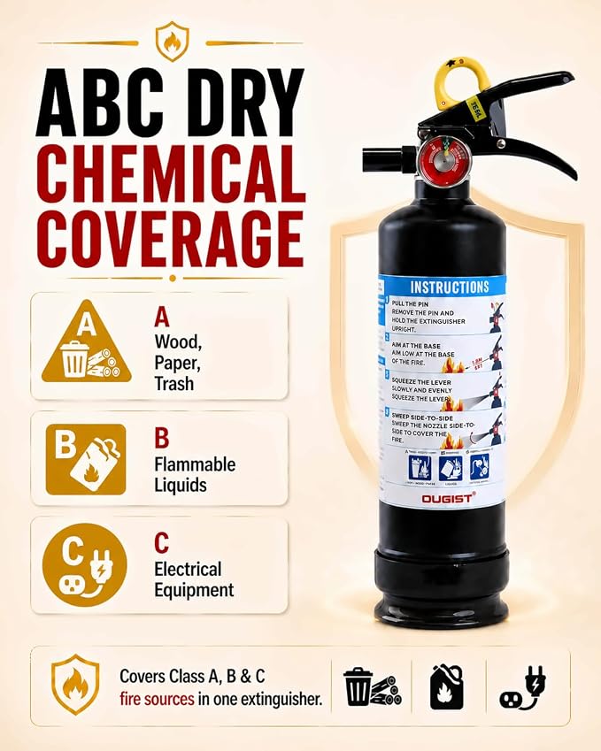 Ougist Car Fire Extinguisher, 1-A:10-B:C, FF1KG, 2.5lb Dry Chemical, 1 Pack | Automotive Multi-Purpose Extinguisher for Small Vehicle Fires In Cars, Trucks and Rvs; Compact Body with Quick-Release Handle