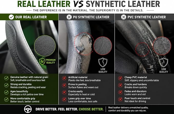 Leather Steering Wheel Cover (Black, 15 inch) | Real Leather with Silicone Lining, Non-Slip Universal Fit for Cars, SUVs & Trucks