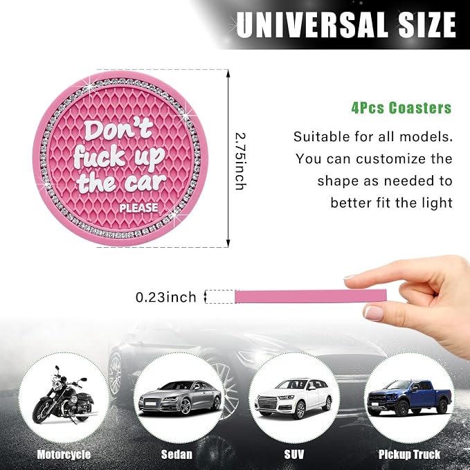 Ziciner 4 Pack Bling Car Cup Holder Coaster, 2.75 Inch Anti-Slip Auto Insert Cup Coaster, Crystal Car Drink Cup Mat Perfect for Women Girls, Universal Interior Decor Accessories (Pink)