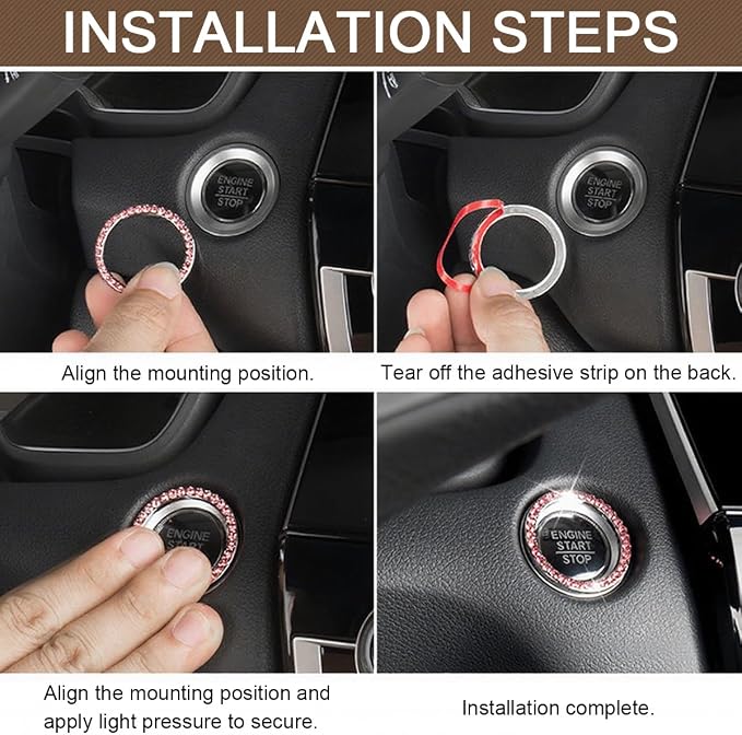 Bling Car Engine Start Ring Decals, 2PCS Sparkling Crystal Rhinestone Vehicle Push to Start Button Sticker, Diamond Auto Key Ignition Knob Decorative Ring, Universal for Vehicles (Yellow)