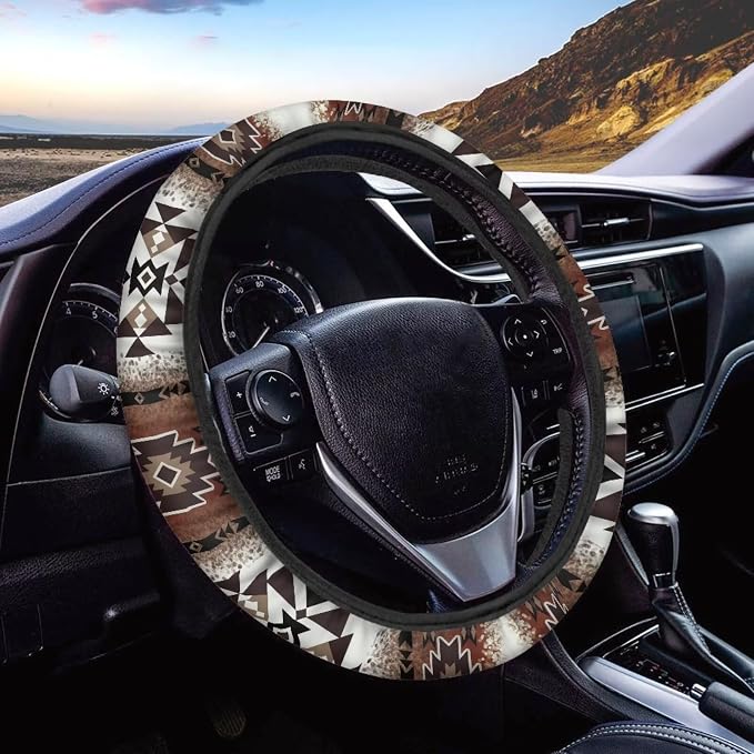 Wanyint Southwest Aztec Navajo Brown Auto Steering Wheel Cover Universal 15 Inch Anti-Slip Neoprene Southwest Tribal Car Steering Wheel Protector for Women Men