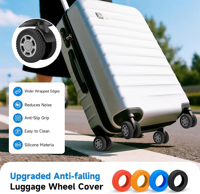 2026 Upgraded 8 Pcs Luggage Wheel Covers, Silicone Protective Covers for 2-2.4" Suitcases Spinner Wheel, Wear-Resistant, Anti-Noise, Thickened Protector, Travel Accessories (Black)