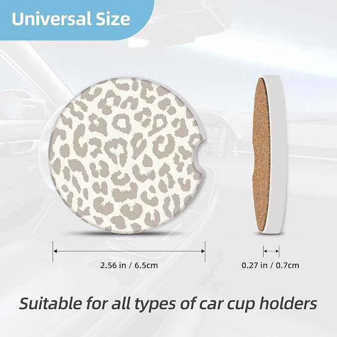 2 Pack Car Coasters for Cup Holders, 2.56" Universal Absorbent Ceramic Stone Car Cup Holder Coasters with Non-Slip Cork Base,Car Interior Accessories for Women Men(Beige Leopard Cheetah Print)