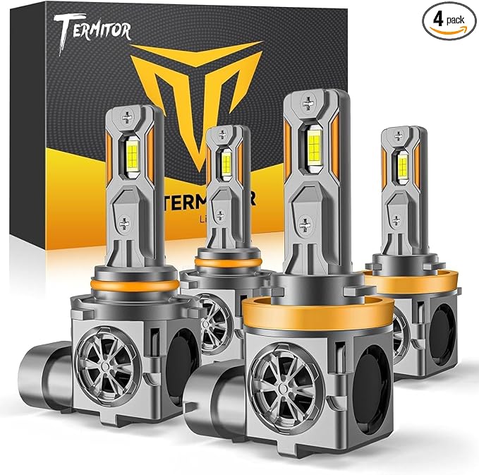 Termitor H11/H9 & 9005/HB3 Light Bulbs Combo, 110,000LM Brightness, 1:1 Mini Size 6500K Cool White IP68 Waterproof Automotive Replacement Combo 9005 H11 Fog Lights, Quick Installation, Pack of 4