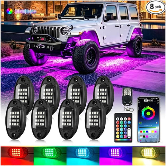 8Pods Segmented RGB LED Rock Lights Kit for Jeep Trucks UTV ATV Golf Cart RZR SXS Offroad Four Wheeler with APP/RF Remote, Multi Color Underglow Light Waterproof Music Neon Underbody 12V