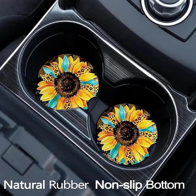 2 PCS Sunflower Leopard Car Cup Holder Coasters Universal Neoprene Coasters | 2.75" Universal Size Anti Slip Rubber Mat, Auto Cup Holder Decor for SUV Truck,Sunflowers Gifts for Women Mom Her Wife