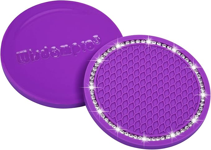 Bling Car Coasters, Wisdompro 4 Pack PVC Car Cup Holder Insert Coaster - Anti Slip Universal Vehicle Interior Accessories Crystal Glitter Cup Mats for Women and Men (2.75" Diameter, Purple)
