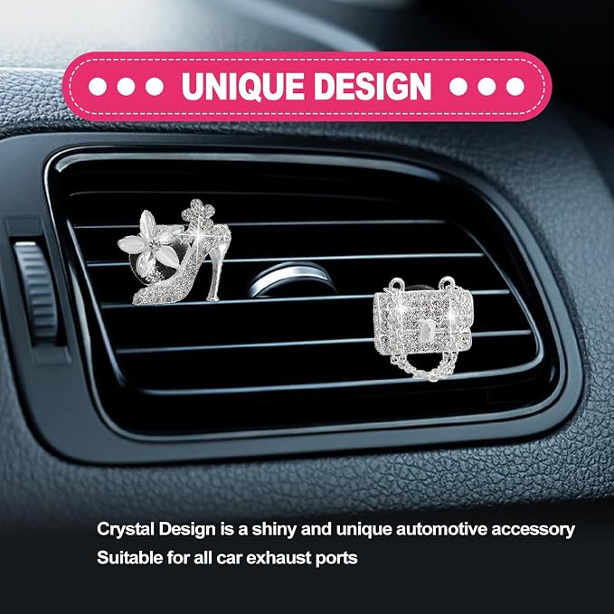 2 Pieces Car Bling Crystal High Heel Shoe Air Vent Clips with Magic Bag Rhinestone Car Air Vent Decoration Cute Universal Interior Accessories Silver
