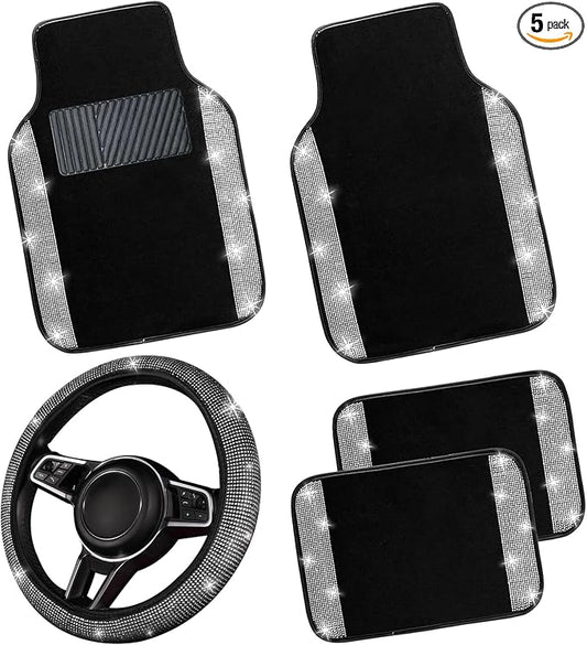 NBTEPEM Bling Car Floor Mats Full Set and Steering Wheel Cover, Universal Fit Most Cars, 4 pcs Sparkle Glitter Diamond Carpet, 5 pcs Bling Car Accessories Set for Women (Silver Diamond)